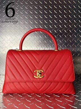 Chanel Chevron Caviar Small Coco Top Handle Bag in Red GHW